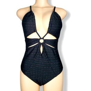 NWOT TAGS TIME AND TRUE BLACK SHINEY GOLD ONE PIECE SWIMSUIT IN SIZE SMALL 4-6